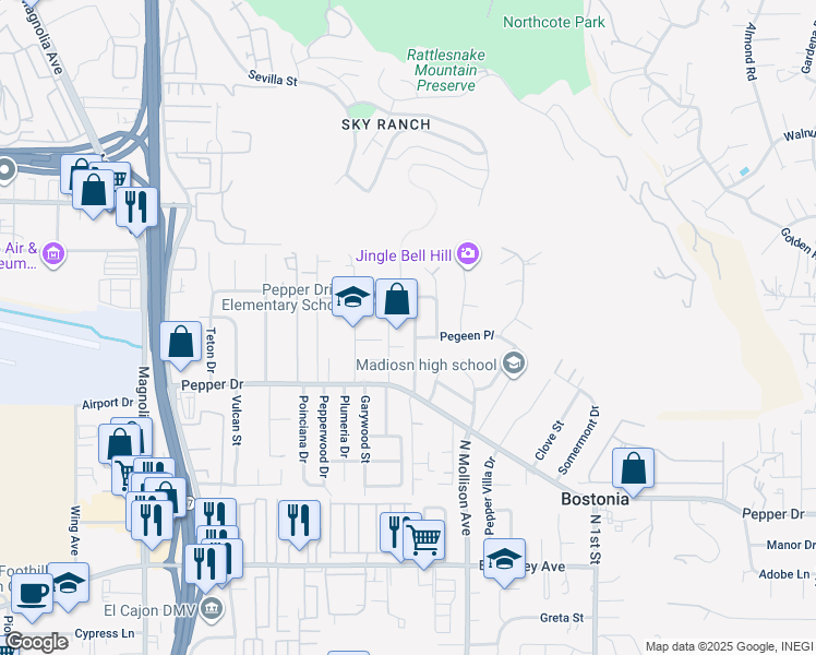 map of restaurants, bars, coffee shops, grocery stores, and more near 8314 Rockview Drive in El Cajon