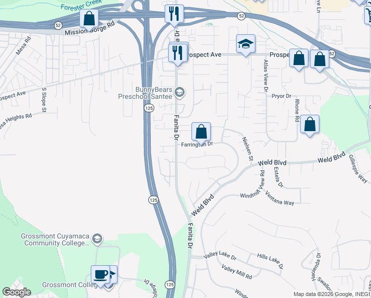 map of restaurants, bars, coffee shops, grocery stores, and more near 9121 Farrington Drive in Santee