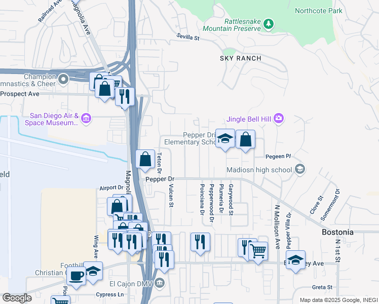 map of restaurants, bars, coffee shops, grocery stores, and more near 1353 Roxanne Drive in El Cajon