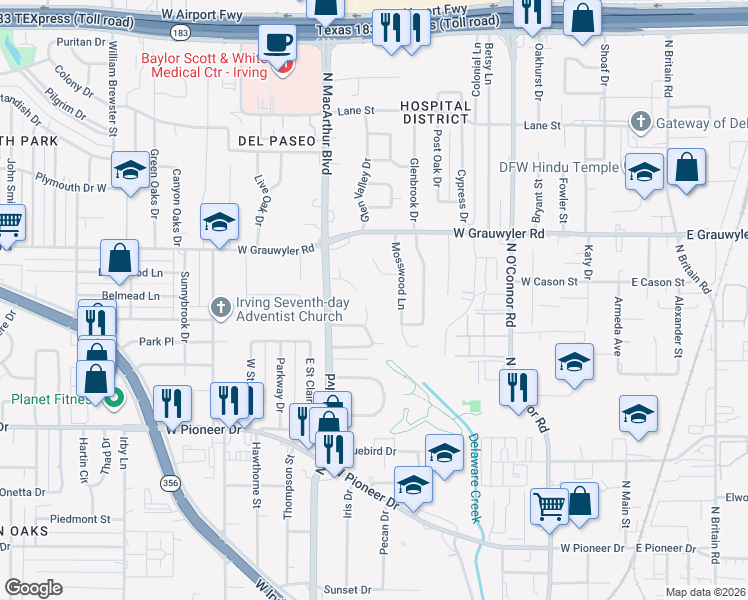 map of restaurants, bars, coffee shops, grocery stores, and more near 1408 Moss Rose Circle in Irving