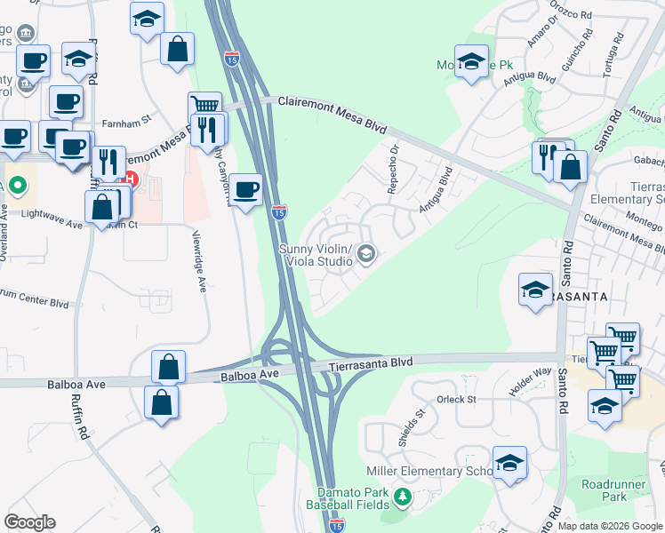 map of restaurants, bars, coffee shops, grocery stores, and more near 9787 Rimpark Way in San Diego