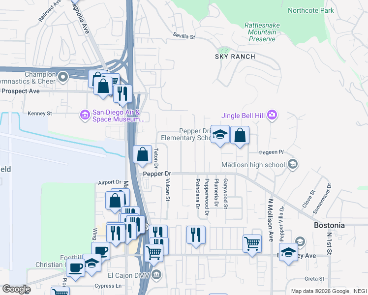 map of restaurants, bars, coffee shops, grocery stores, and more near 1353 Roxanne Drive in El Cajon