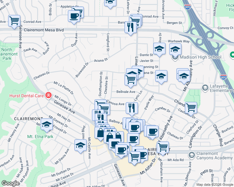 map of restaurants, bars, coffee shops, grocery stores, and more near 5113 Bellvale Avenue in San Diego