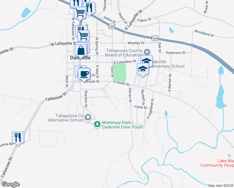 map of restaurants, bars, coffee shops, grocery stores, and more near 179 Green Valley Drive in Dadeville