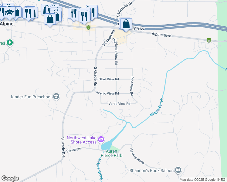 map of restaurants, bars, coffee shops, grocery stores, and more near 2894 Scenic View Road in Alpine