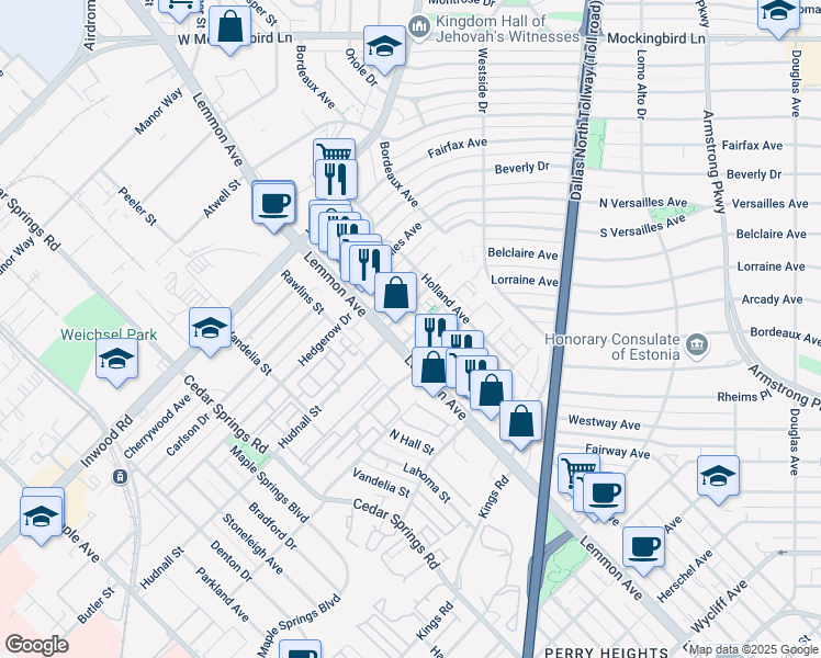 map of restaurants, bars, coffee shops, grocery stores, and more near 3526 Dorothy Avenue in Dallas