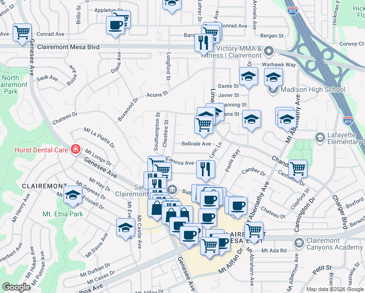 map of restaurants, bars, coffee shops, grocery stores, and more near 5113 Bellvale Avenue in San Diego