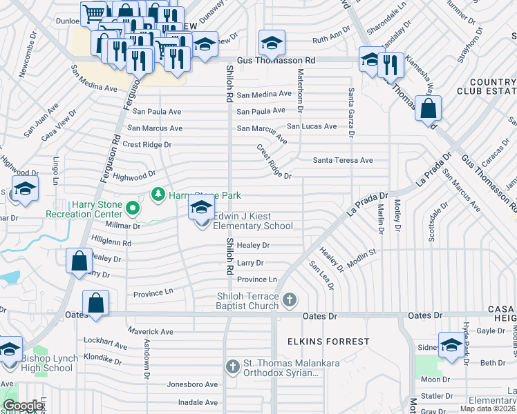 map of restaurants, bars, coffee shops, grocery stores, and more near 2820 Andrea Lane in Dallas