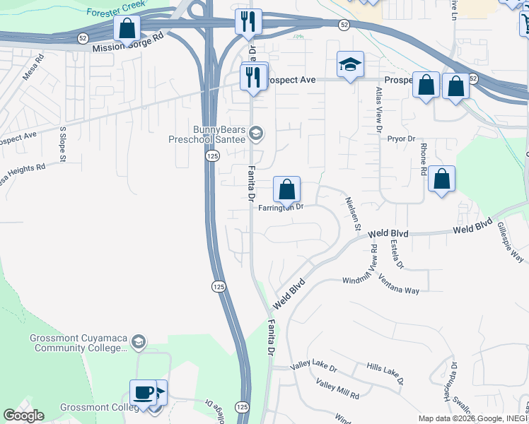 map of restaurants, bars, coffee shops, grocery stores, and more near 9121 Farrington Drive in Santee