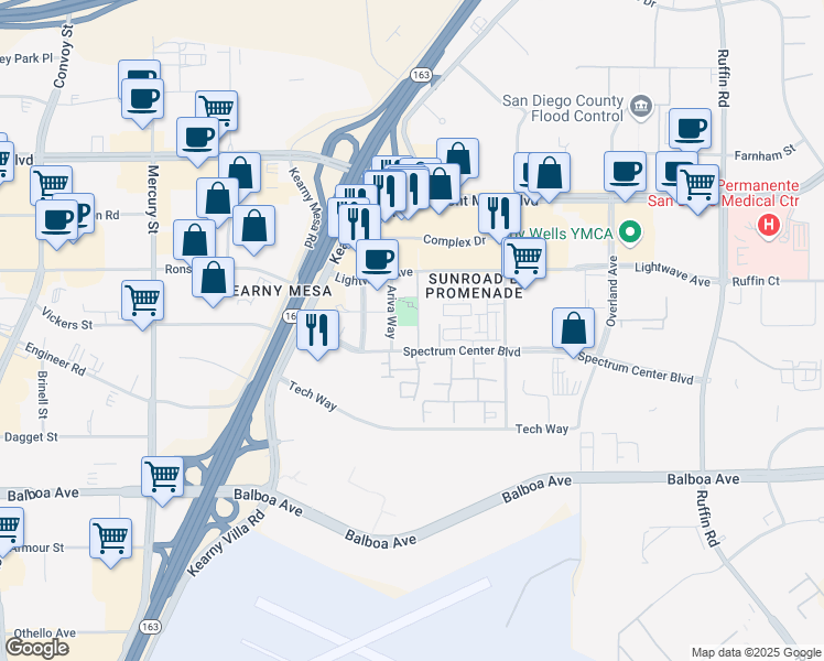 map of restaurants, bars, coffee shops, grocery stores, and more near 8725 Ariva Way in San Diego