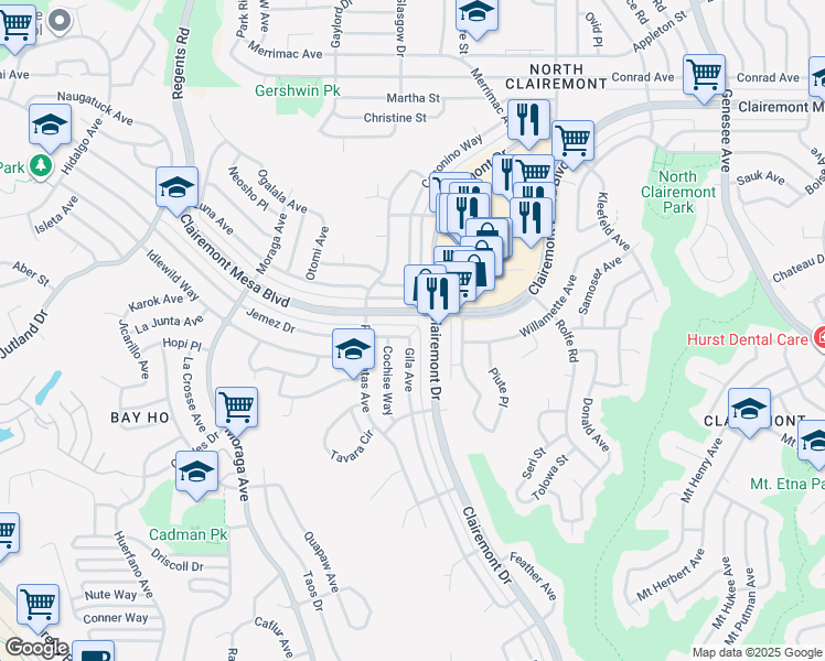map of restaurants, bars, coffee shops, grocery stores, and more near 3745 Clairemont Mesa Boulevard in San Diego