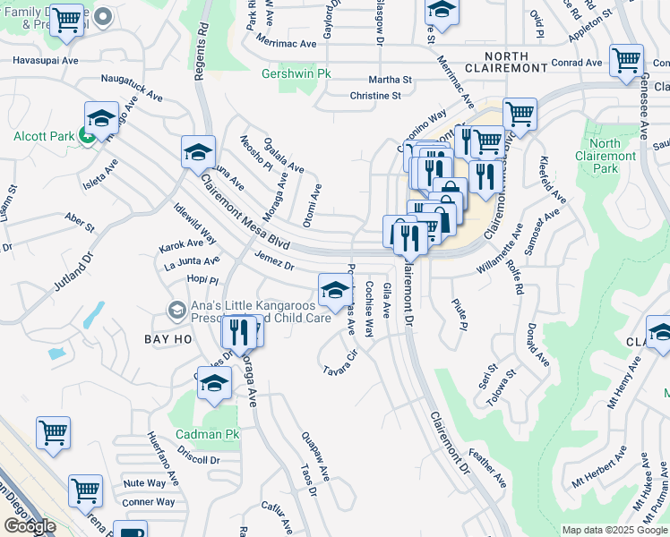 map of restaurants, bars, coffee shops, grocery stores, and more near 3541 Clairemont Mesa Boulevard in San Diego