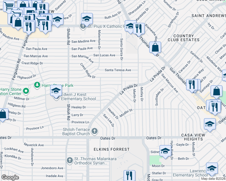 map of restaurants, bars, coffee shops, grocery stores, and more near 3202 Andrea Lane in Dallas