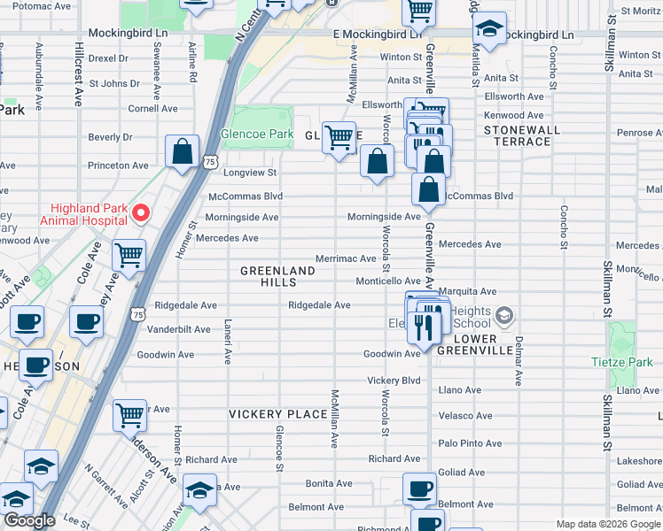 map of restaurants, bars, coffee shops, grocery stores, and more near 5439 Merrimac Avenue in Dallas