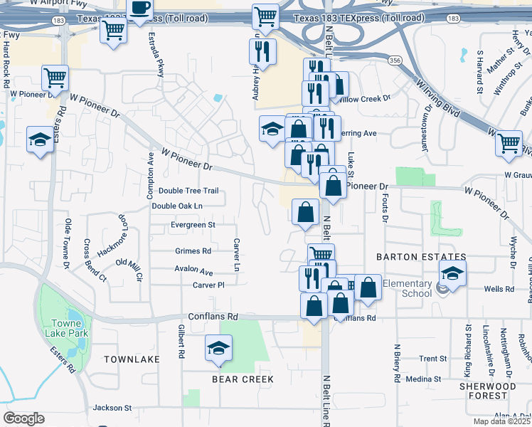 map of restaurants, bars, coffee shops, grocery stores, and more near 3714 West Pioneer Drive in Irving
