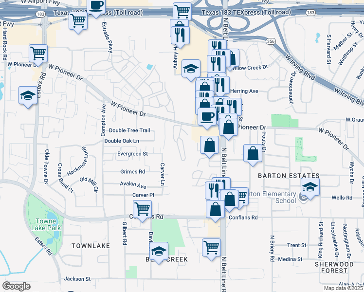 map of restaurants, bars, coffee shops, grocery stores, and more near 3714 West Pioneer Drive in Irving