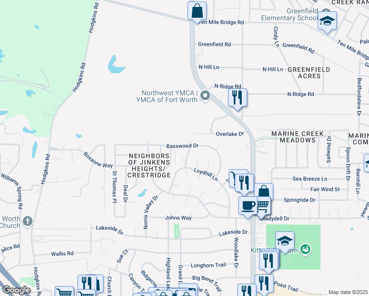 map of restaurants, bars, coffee shops, grocery stores, and more near 6416 Basswood Drive in Fort Worth