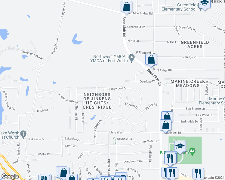 map of restaurants, bars, coffee shops, grocery stores, and more near 6416 Basswood Drive in Fort Worth