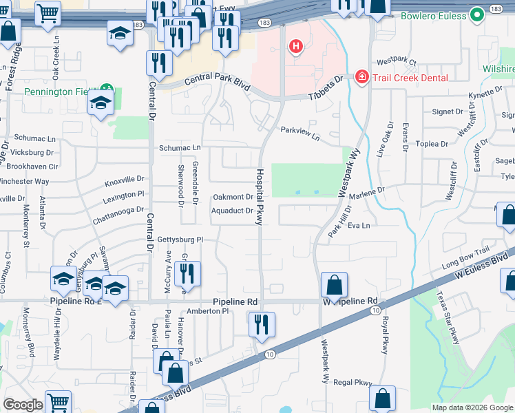 map of restaurants, bars, coffee shops, grocery stores, and more near 2600 Oakmont Court in Bedford