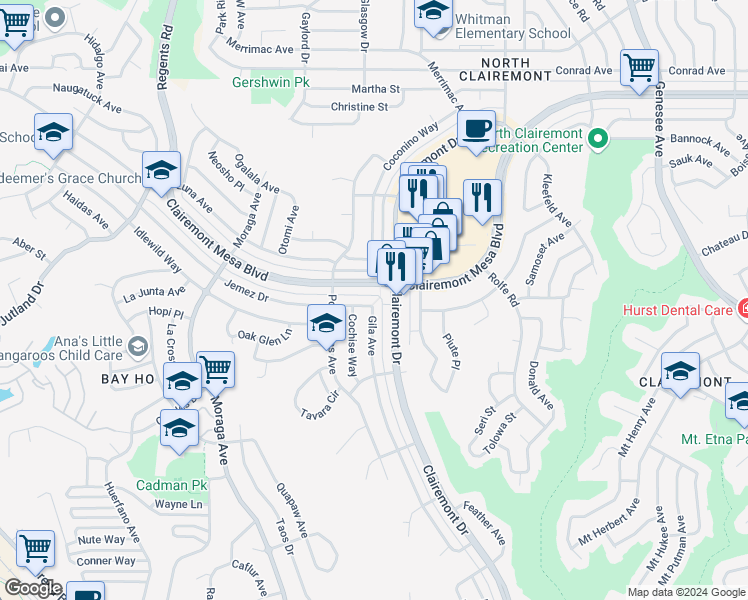 map of restaurants, bars, coffee shops, grocery stores, and more near 3736 Jemez Drive in San Diego