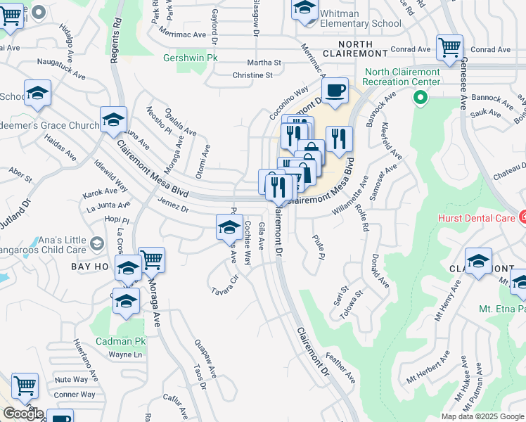 map of restaurants, bars, coffee shops, grocery stores, and more near 3736 Jemez Drive in San Diego