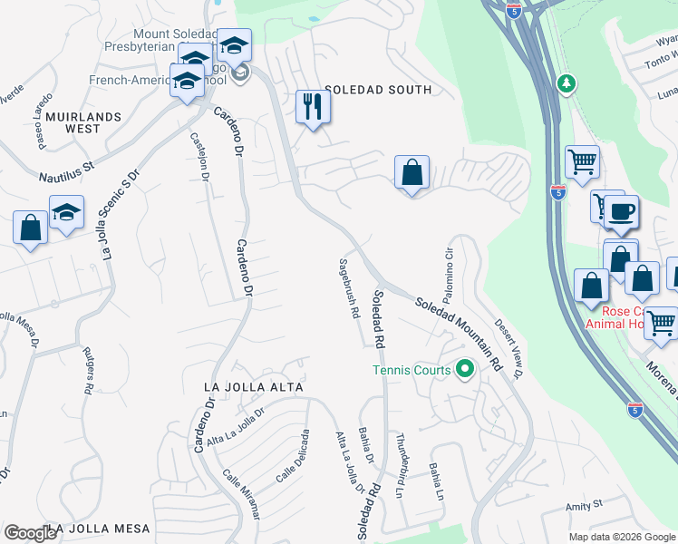 map of restaurants, bars, coffee shops, grocery stores, and more near 5974 Sagebrush Road in San Diego