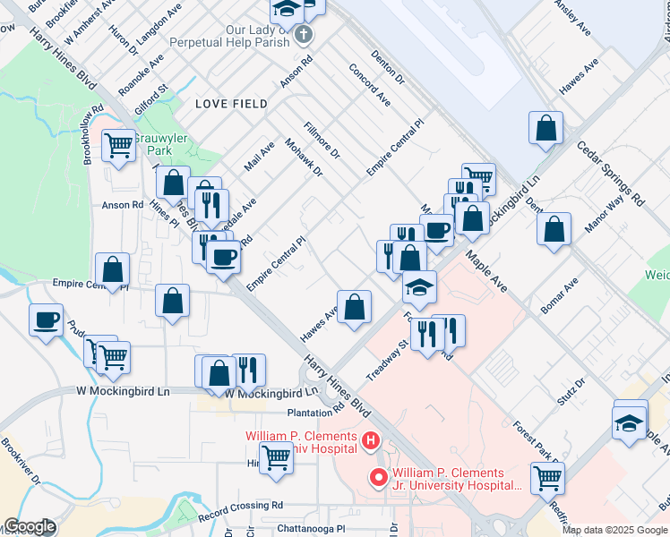 map of restaurants, bars, coffee shops, grocery stores, and more near 2223 Hawes Avenue in Dallas