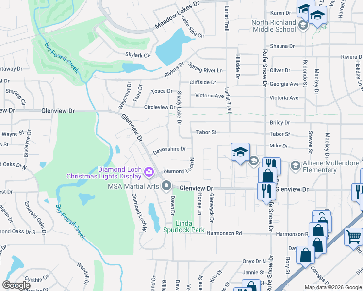 map of restaurants, bars, coffee shops, grocery stores, and more near 4509 Shady Lake Drive in North Richland Hills