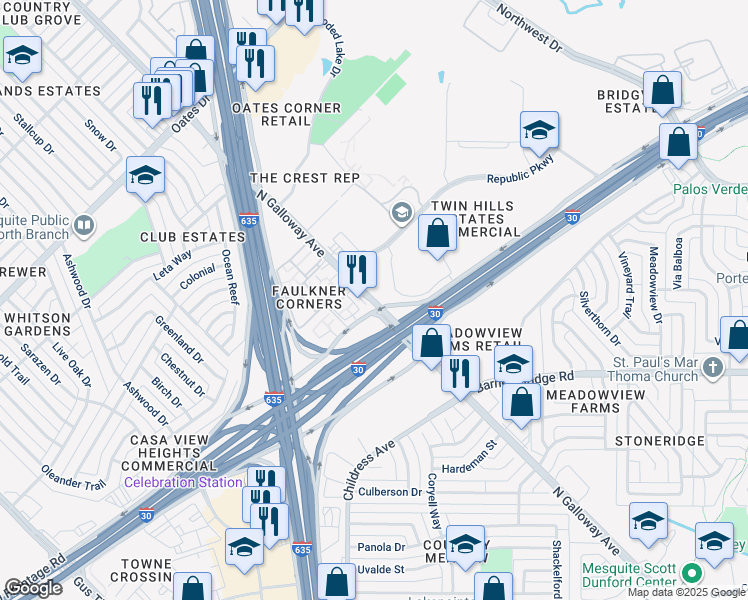 map of restaurants, bars, coffee shops, grocery stores, and more near 1805 Interstate 30 Frontage Road in Mesquite