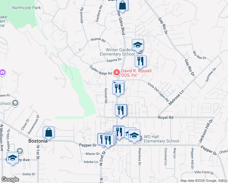 map of restaurants, bars, coffee shops, grocery stores, and more near 8246 Winter Gardens Boulevard in Lakeside