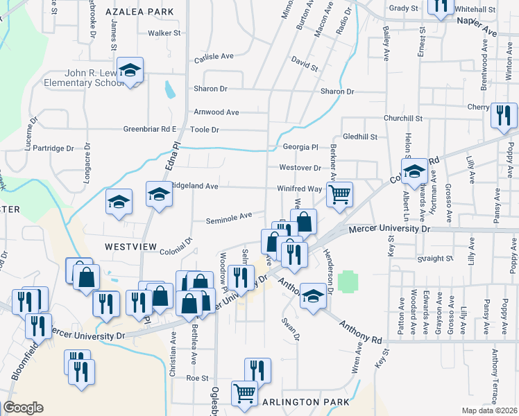 map of restaurants, bars, coffee shops, grocery stores, and more near 1540 Burton Avenue in Macon