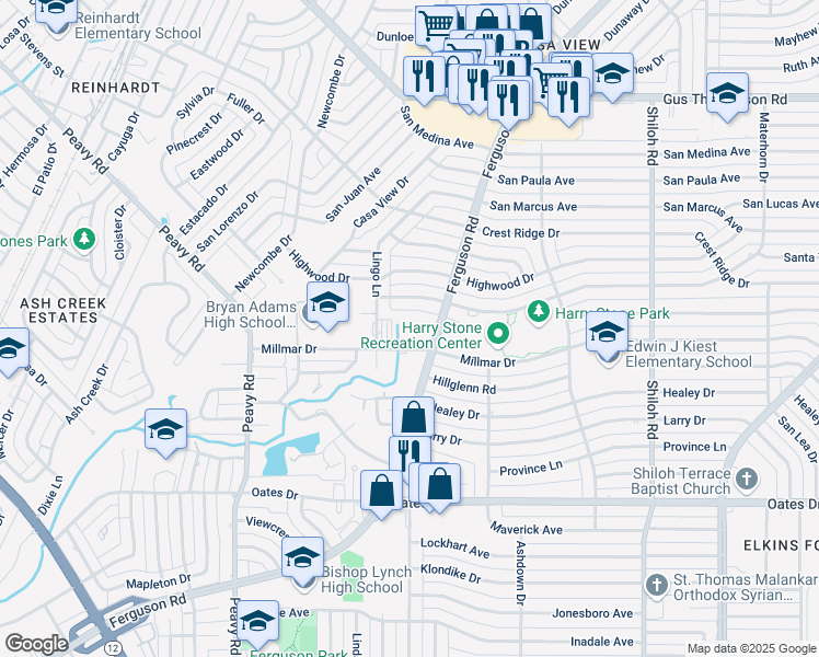 map of restaurants, bars, coffee shops, grocery stores, and more near 9999 Ferguson Road in Dallas