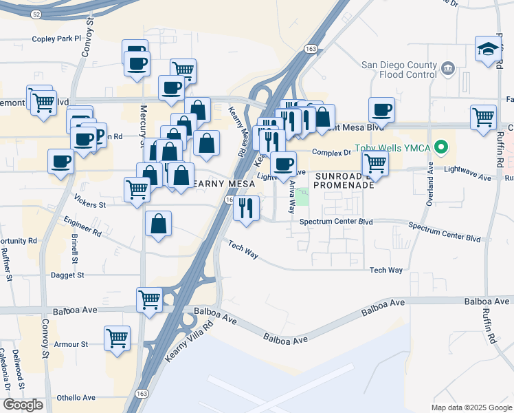map of restaurants, bars, coffee shops, grocery stores, and more near 8620 Spectrum Center Boulevard in San Diego