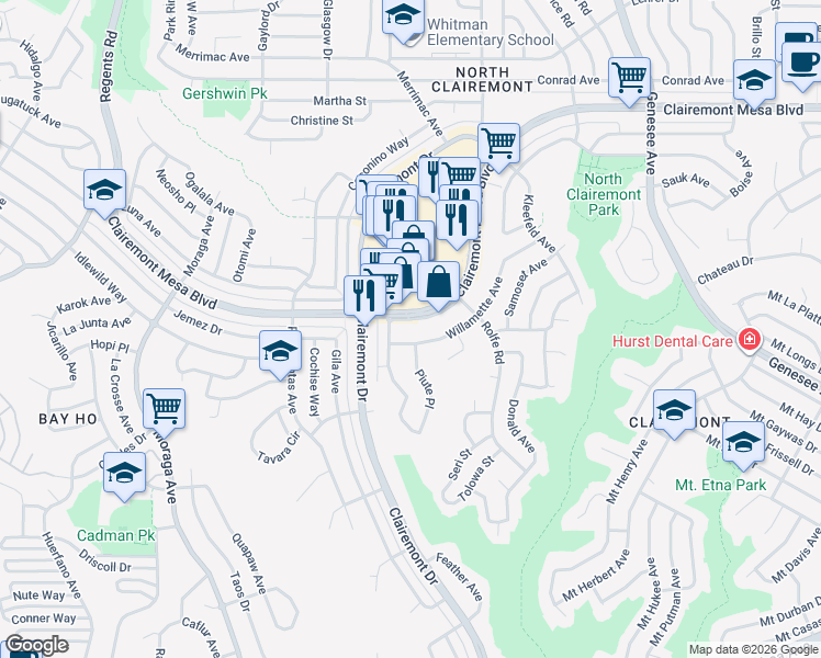 map of restaurants, bars, coffee shops, grocery stores, and more near 3933 Clairemont Mesa Boulevard in San Diego