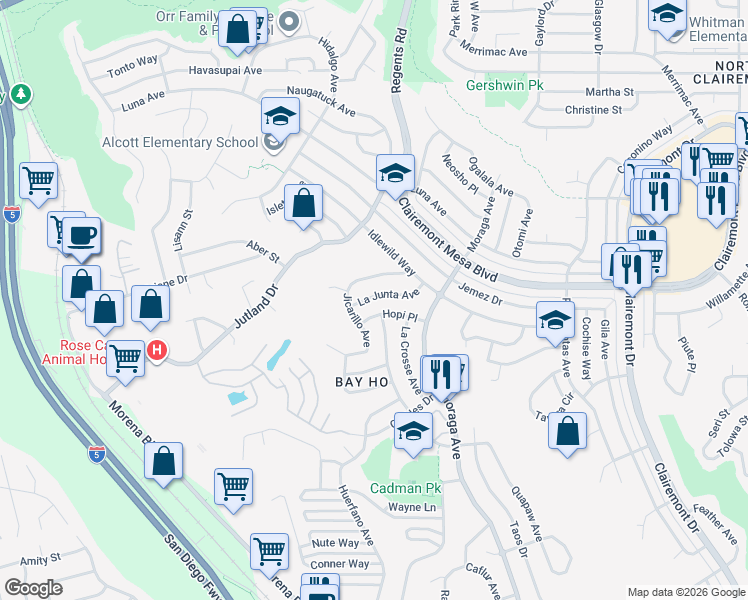 map of restaurants, bars, coffee shops, grocery stores, and more near 3320 La Junta Avenue in San Diego