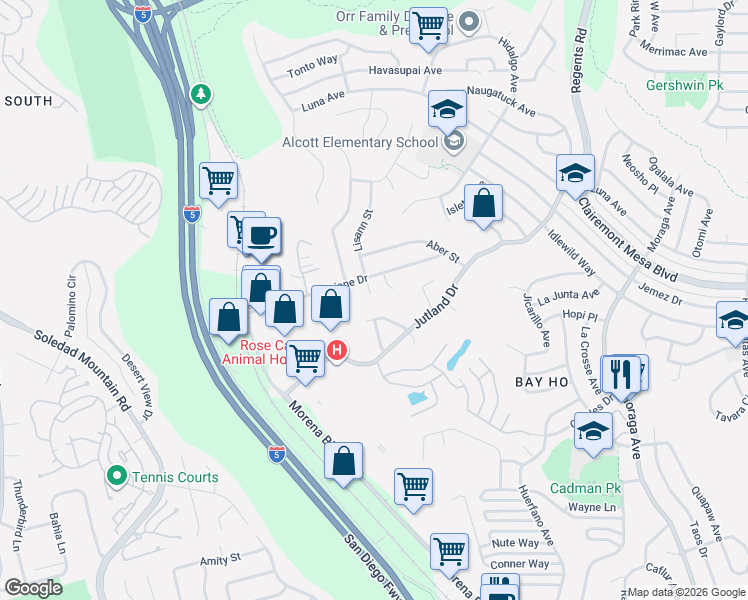 map of restaurants, bars, coffee shops, grocery stores, and more near 4546 Lisann Street in San Diego