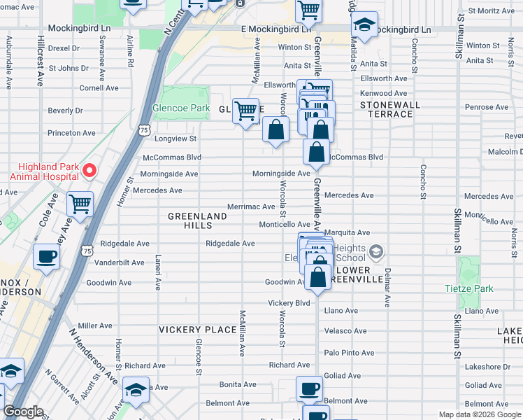 map of restaurants, bars, coffee shops, grocery stores, and more near 5513 Merrimac Avenue in Dallas