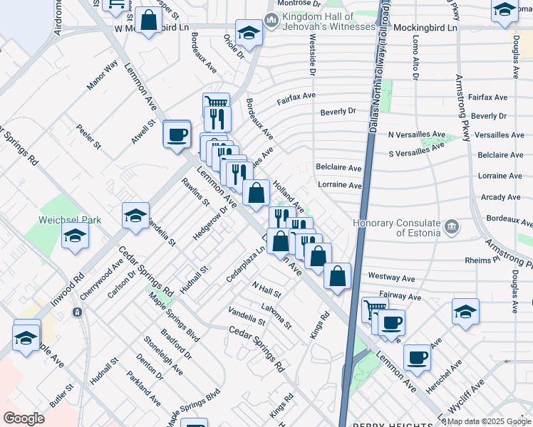 map of restaurants, bars, coffee shops, grocery stores, and more near 3526 Dorothy Avenue in Dallas