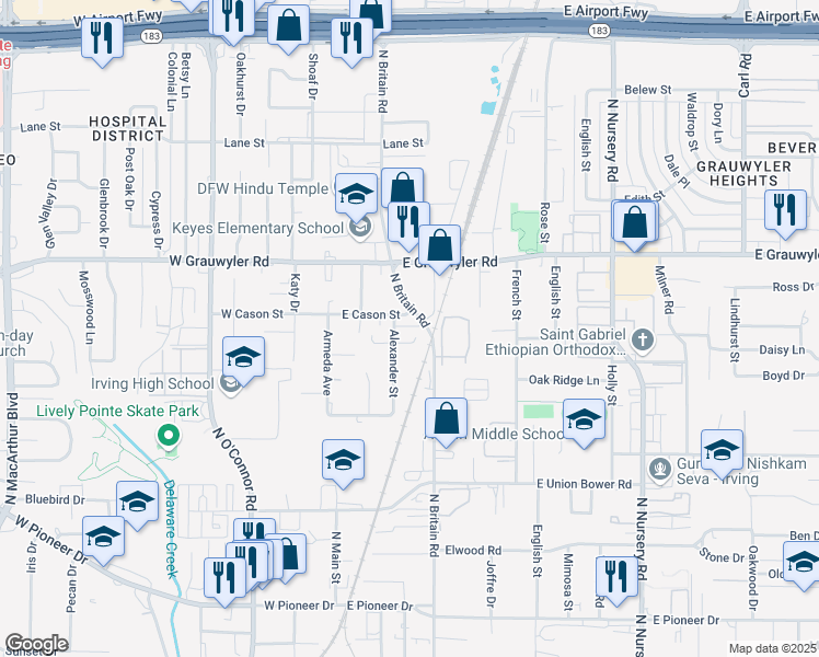 map of restaurants, bars, coffee shops, grocery stores, and more near 308 East Cason Street in Irving