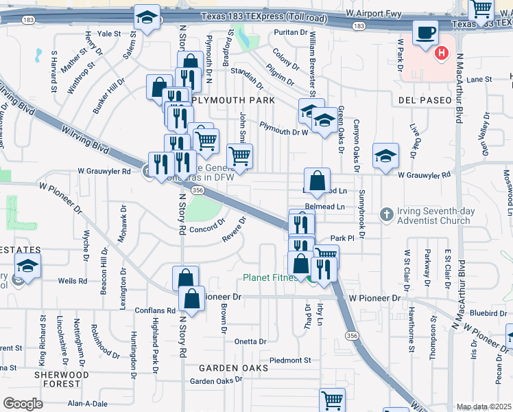 map of restaurants, bars, coffee shops, grocery stores, and more near 2021 West Irving Boulevard in Irving
