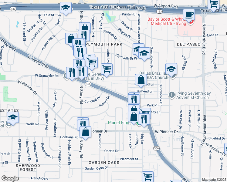 map of restaurants, bars, coffee shops, grocery stores, and more near 2021 West Irving Boulevard in Irving