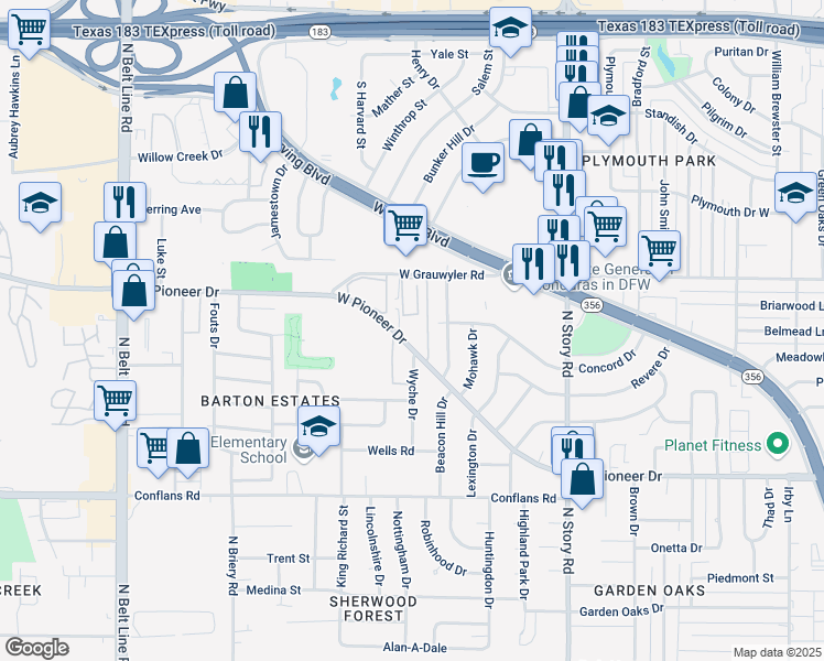 map of restaurants, bars, coffee shops, grocery stores, and more near 2809 West Pioneer Drive in Irving