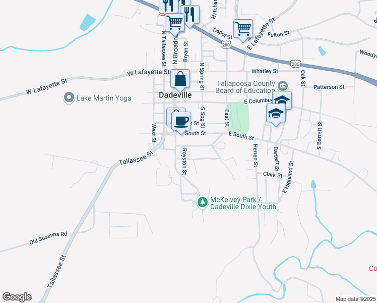 map of restaurants, bars, coffee shops, grocery stores, and more near 139 Royston Street in Dadeville