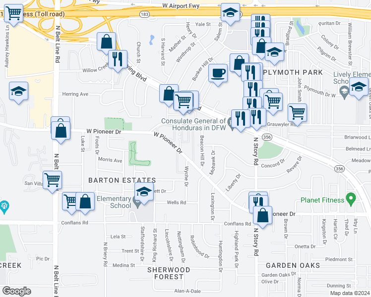 map of restaurants, bars, coffee shops, grocery stores, and more near 2809 West Pioneer Drive in Irving