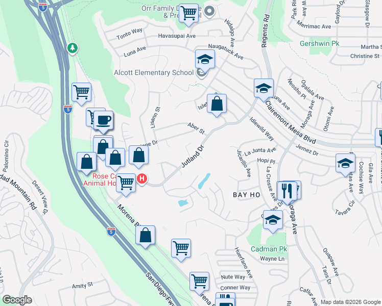 map of restaurants, bars, coffee shops, grocery stores, and more near 4504 Jutland Drive in San Diego