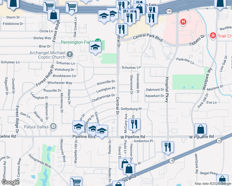 map of restaurants, bars, coffee shops, grocery stores, and more near 2020 Lexington Place in Bedford