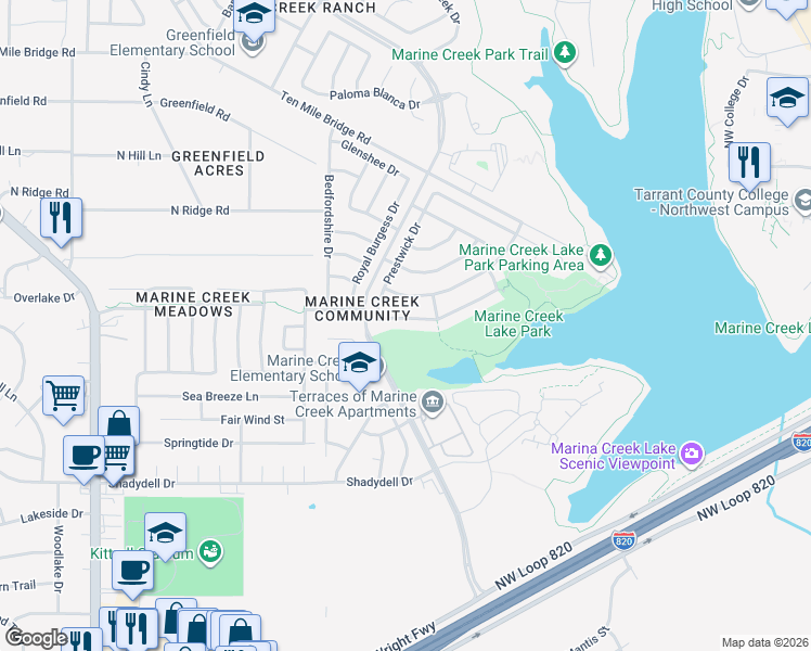 map of restaurants, bars, coffee shops, grocery stores, and more near 5429 Kingsknowe Parkway in Fort Worth