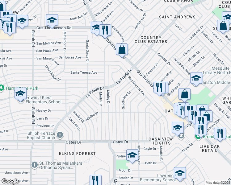 map of restaurants, bars, coffee shops, grocery stores, and more near 4521 Harvey Drive in Mesquite