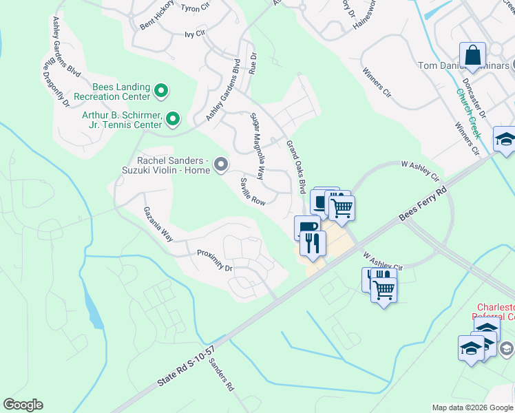 map of restaurants, bars, coffee shops, grocery stores, and more near 533 Saville Row in Charleston
