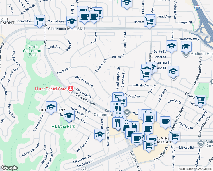 map of restaurants, bars, coffee shops, grocery stores, and more near 4667 Chateau Place in San Diego